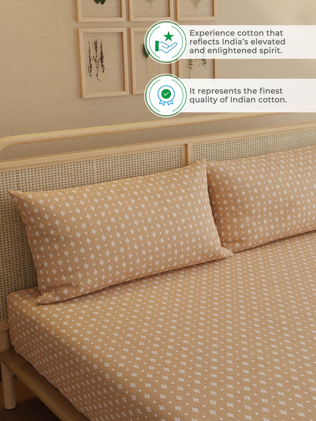 100% Kasturi Cotton, King Size, 200 TC Printed Fitted Sheet Set, Indo Musk