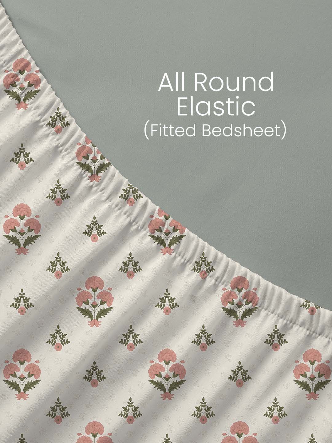 100% Kasturi Cotton, King Size, 200 TC Printed Fitted Sheet Set, Indo Musk