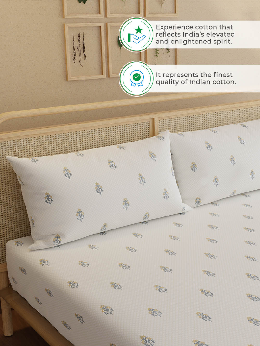 100% Kasturi Cotton, King Size, 200 TC Printed Fitted Sheet Set, Indo Musk