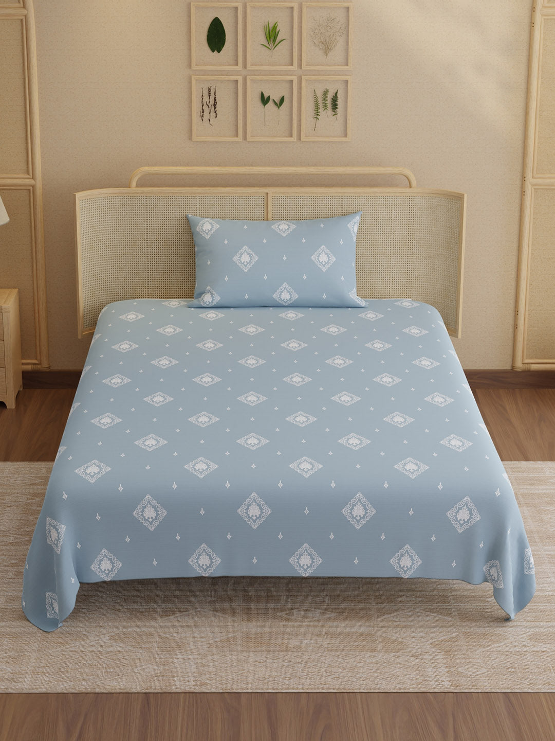 100% Kasturi Cotton 200 TC, Printed Single Bedsheet Set, Indo Musk