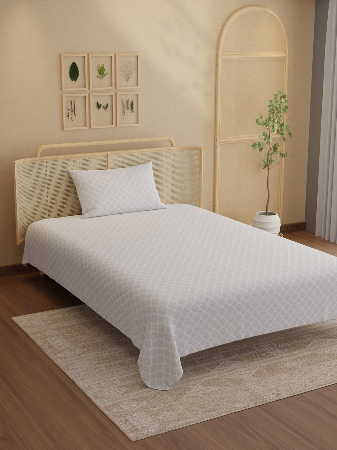 100% Kasturi Cotton 200 TC, Printed Single Bedsheet Set, Indo Musk