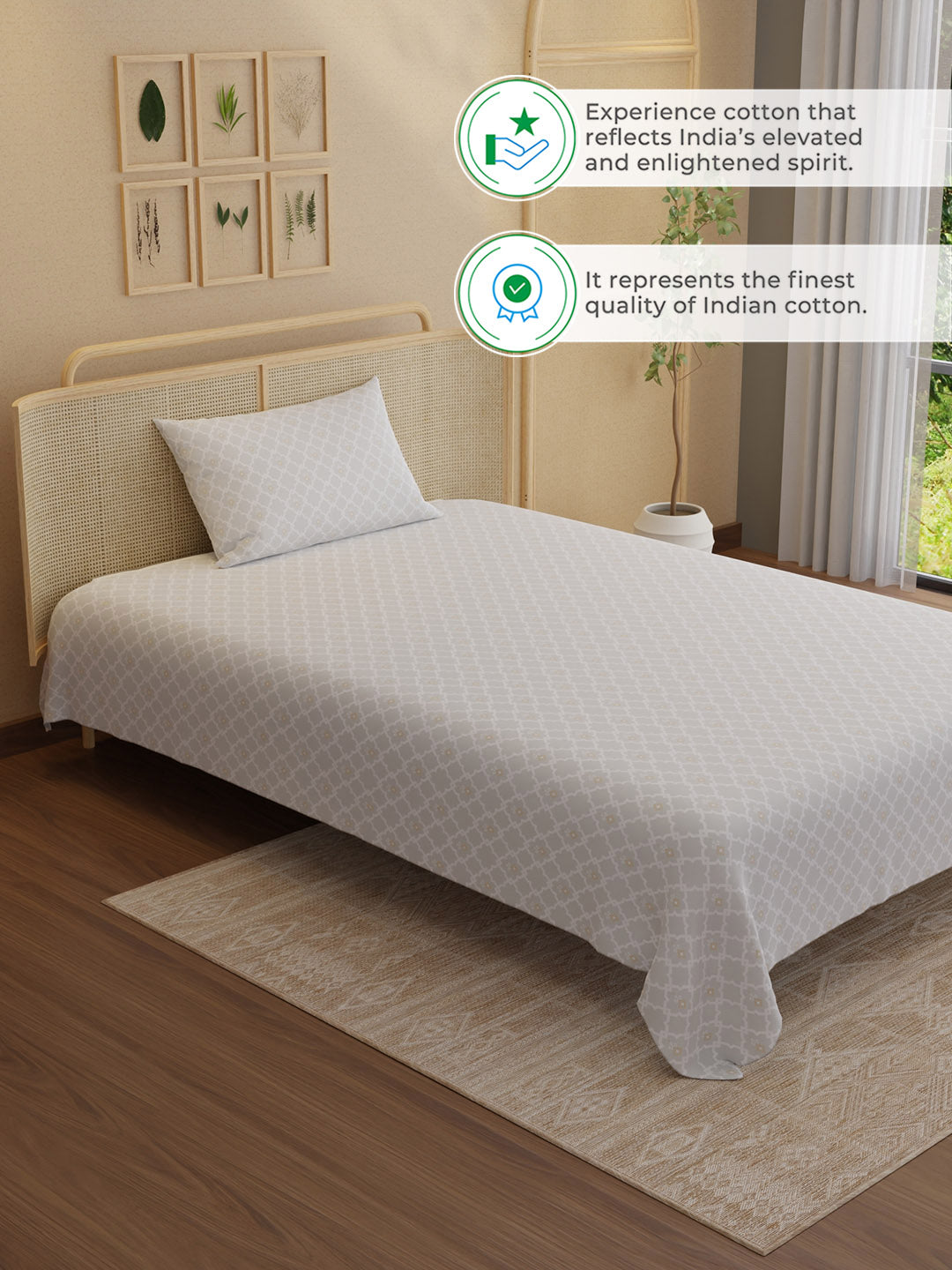 100% Kasturi Cotton 200 TC, Printed Single Bedsheet Set, Indo Musk