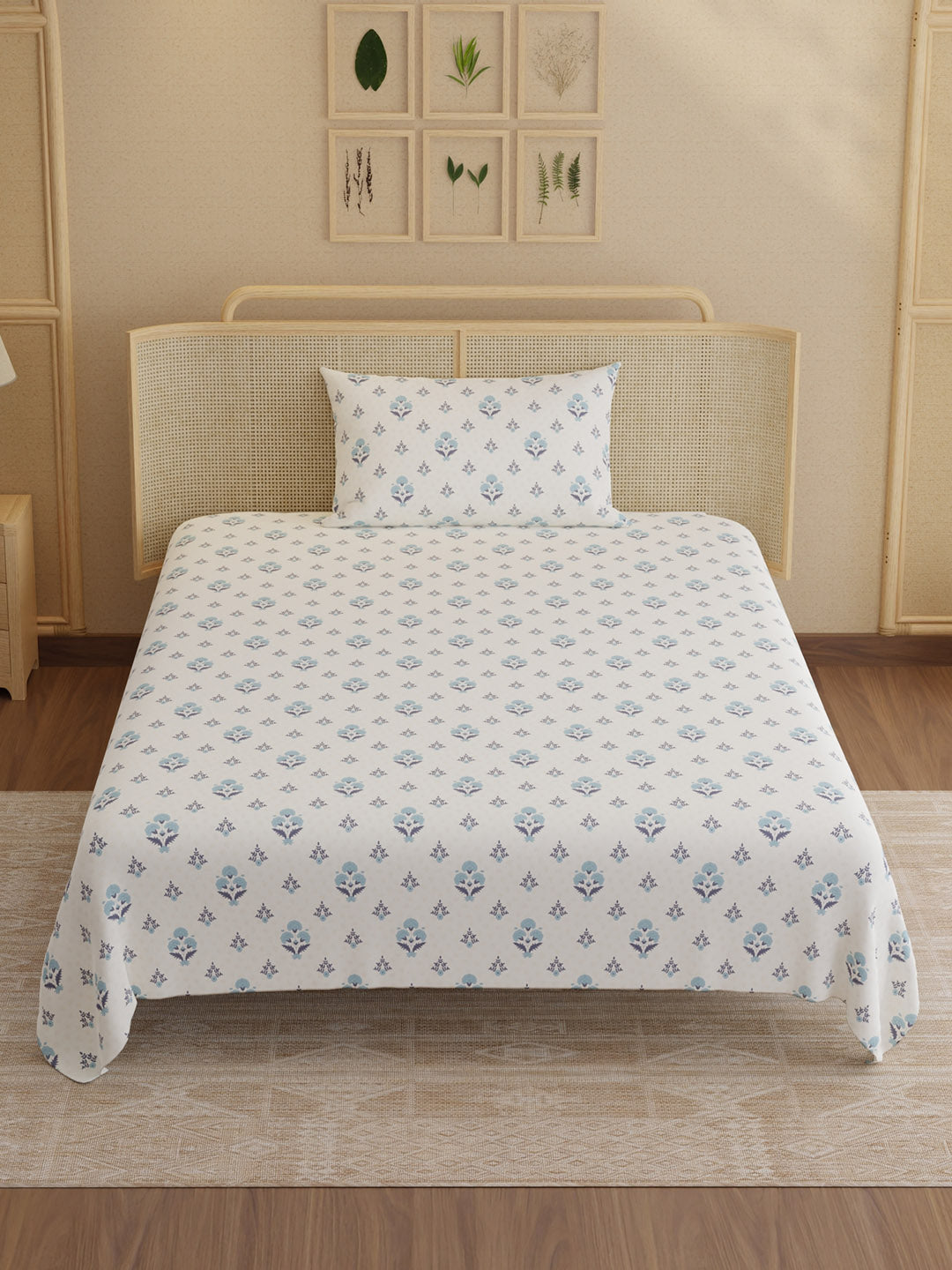 100% Kasturi Cotton 200 TC, Printed Single Bedsheet Set, Indo Musk
