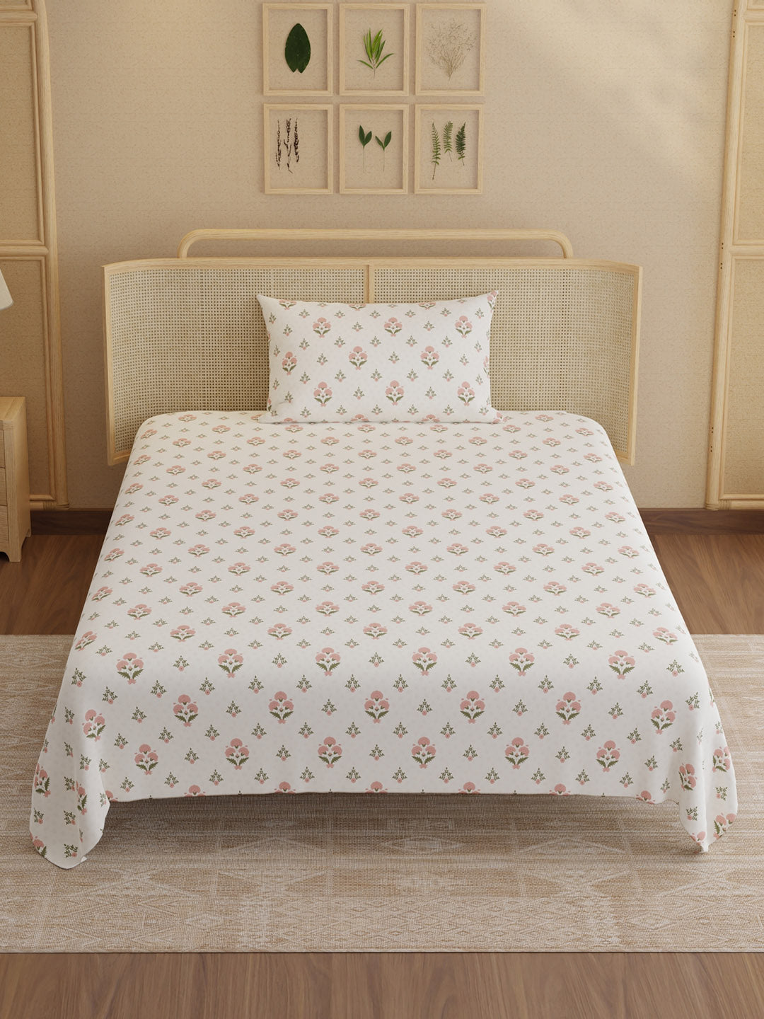 100% Kasturi Cotton 200 TC, Printed Single Bedsheet Set, Indo Musk