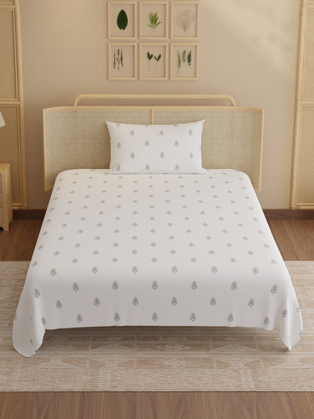 100% Kasturi Cotton 200 TC, Printed Single Bedsheet Set, Indo Musk