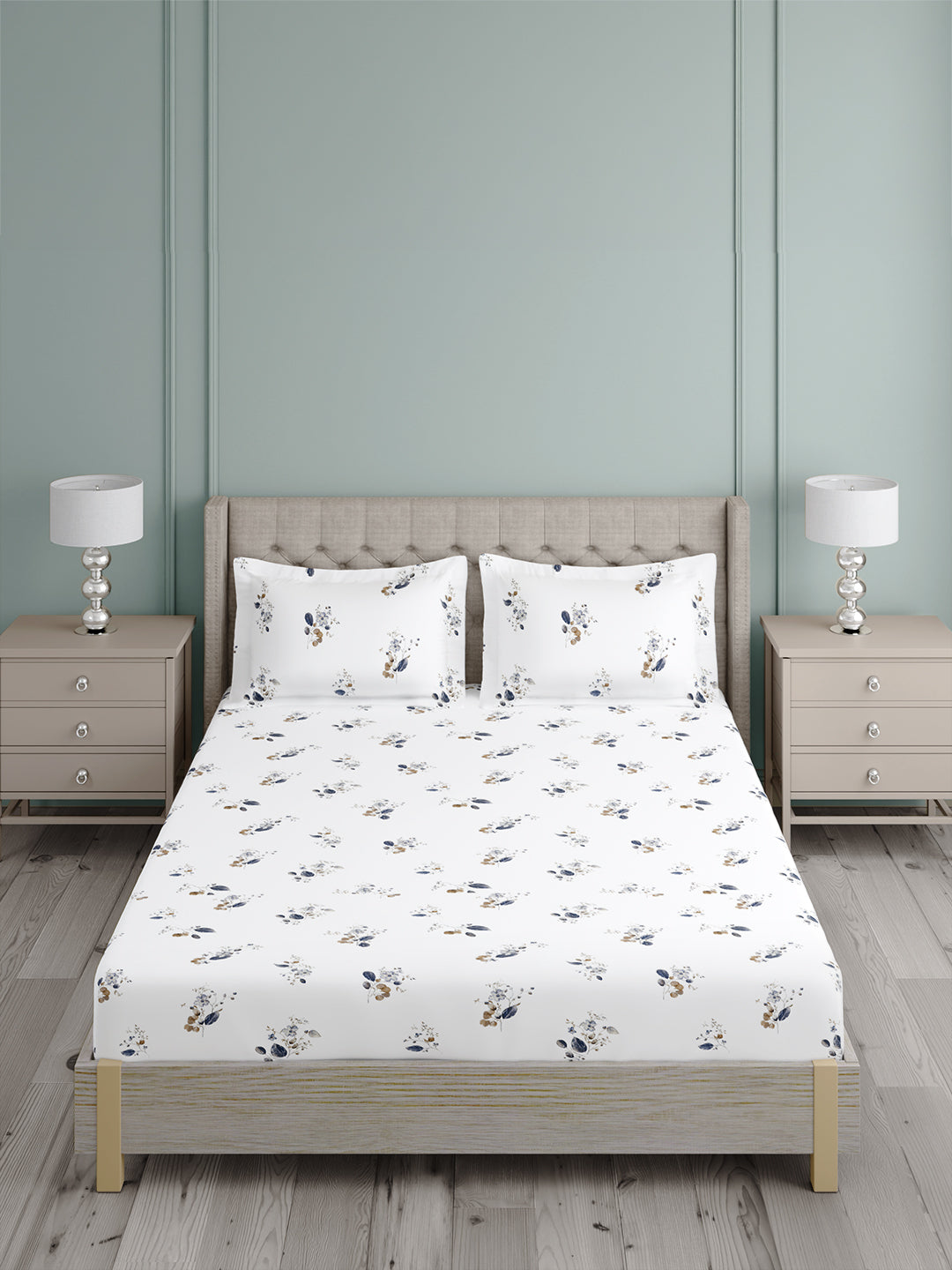 Platinum Pulse 100% Cotton King Bedsheet with 2 Pillow Covers | 800 TC White Floral Bedsheet Set