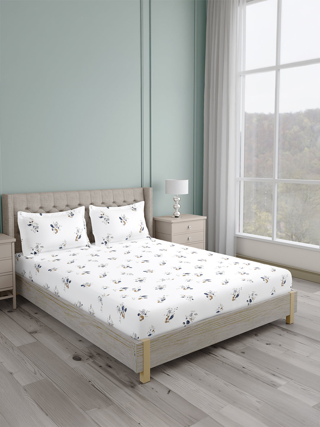 Platinum Pulse 100% Cotton King Bedsheet with 2 Pillow Covers | 800 TC White Floral Bedsheet Set