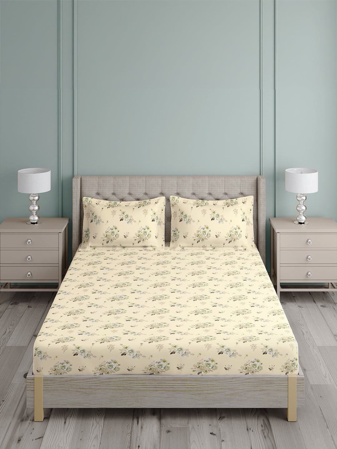 Platinum Pulse 100% Cotton King Bedsheet with 2 Pillow Covers | 800 TC Cream Floral Bedsheet Set