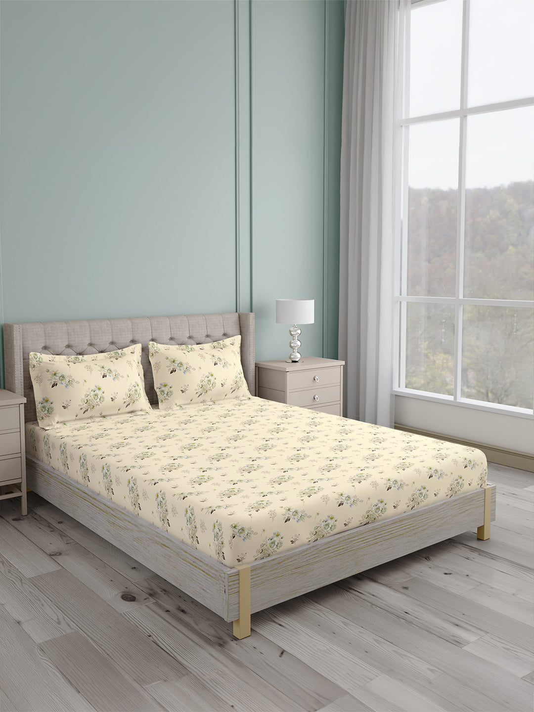 Platinum Pulse 100% Cotton King Bedsheet with 2 Pillow Covers | 800 TC Cream Floral Bedsheet Set