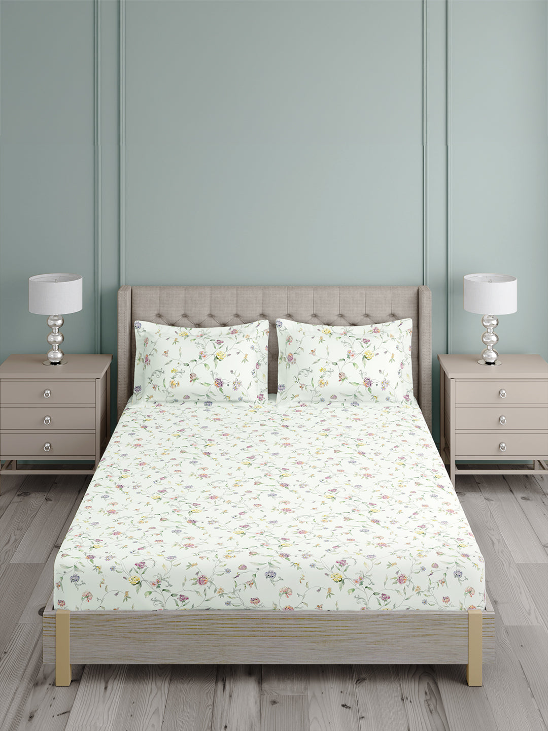 Platinum Pulse 100% Cotton King Bedsheet with 2 Pillow Covers | 800 TC White & Purple Floral Bedsheet Set