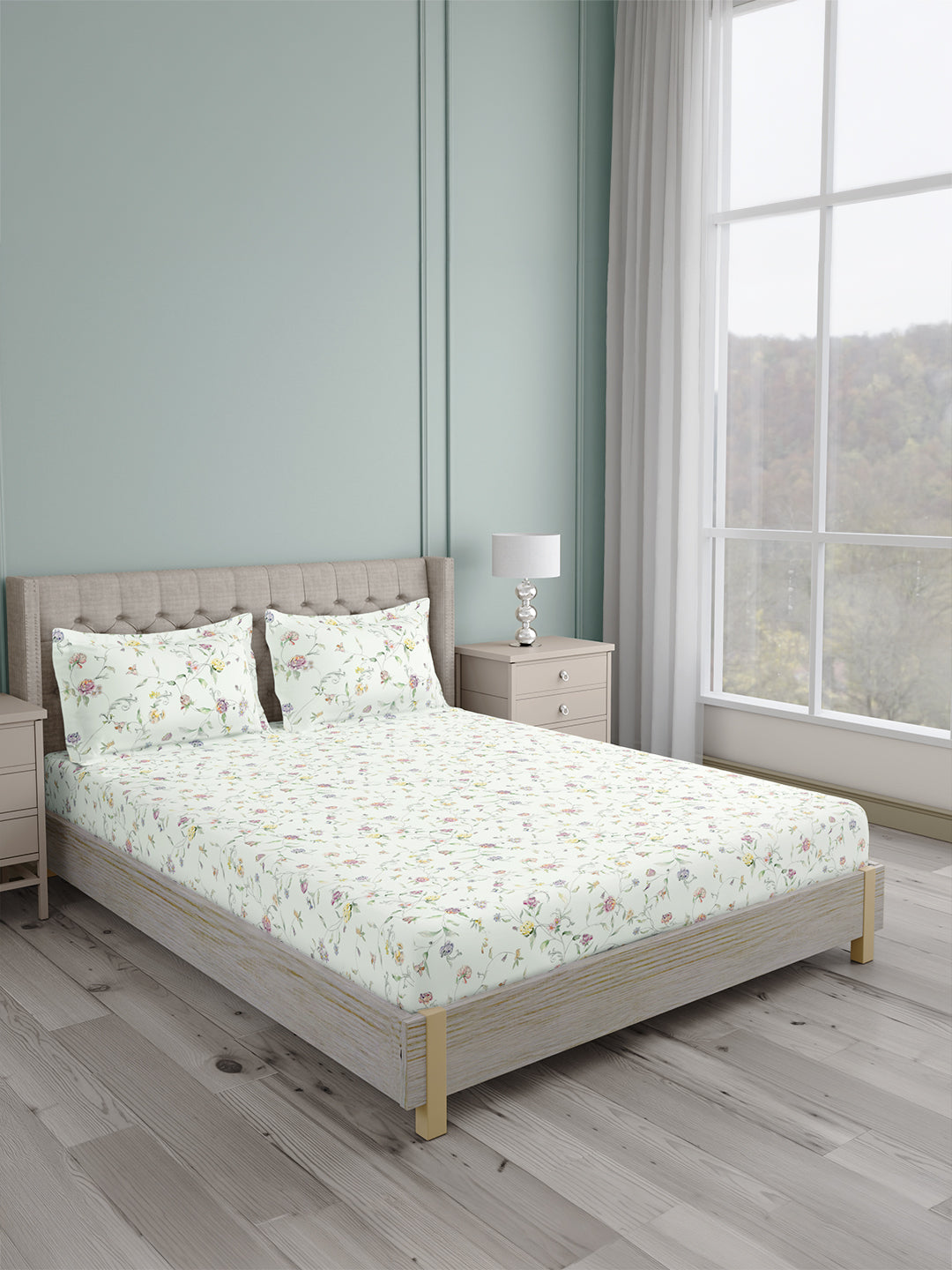 Platinum Pulse 100% Cotton King Bedsheet with 2 Pillow Covers | 800 TC White & Purple Floral Bedsheet Set
