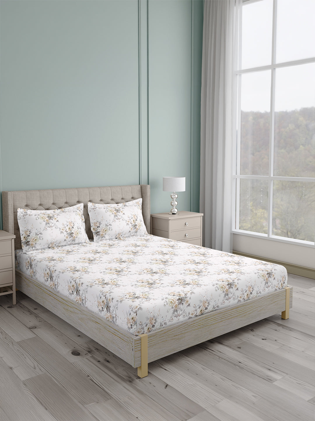Platinum Pulse 100% Cotton King Bedsheet with 2 Pillow Covers | 800 TC White & Grey Floral Bedsheet Set