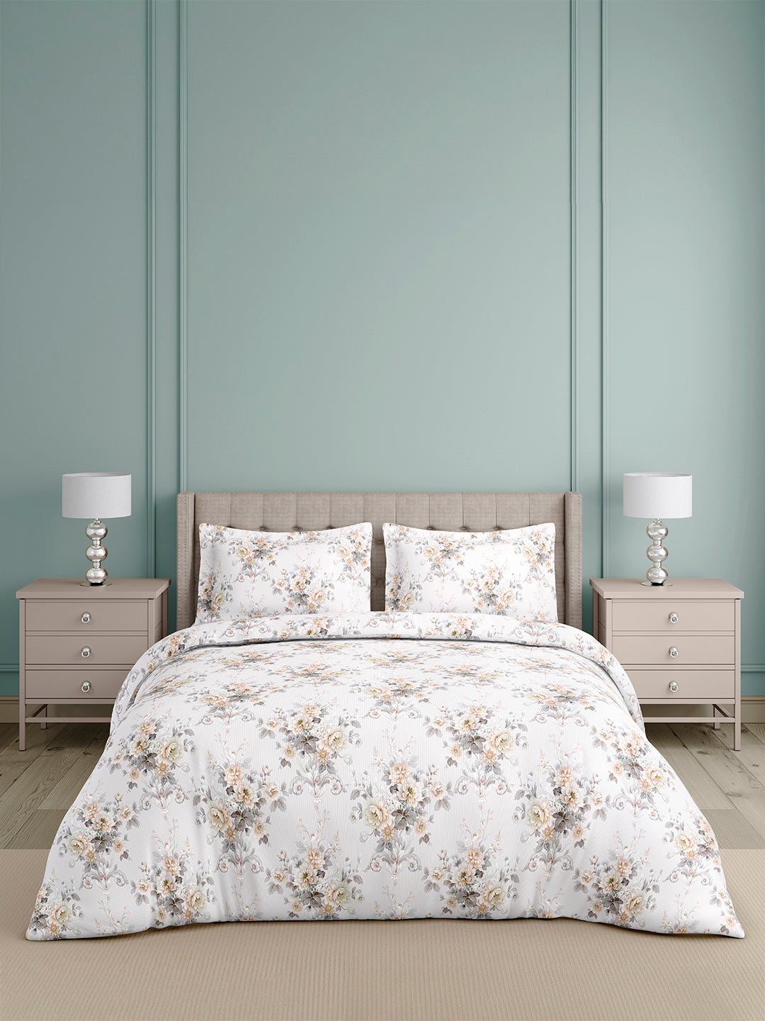 Platinum Pulse 100% Cotton King Bedsheet with 2 Pillow Covers | 800 TC White & Grey Floral Bedsheet Set