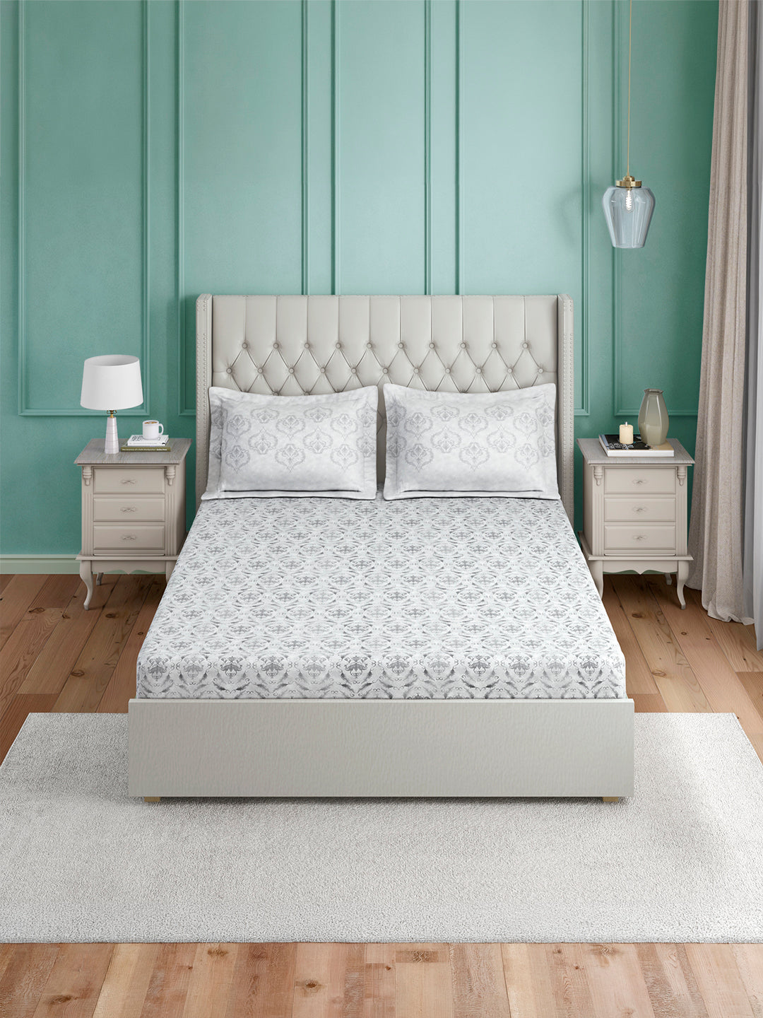 Luxe Loom 100% Cotton 600 TC King Bedsheet with 2 Pillow Covers | Grey Ethnic Print Bedsheet Set