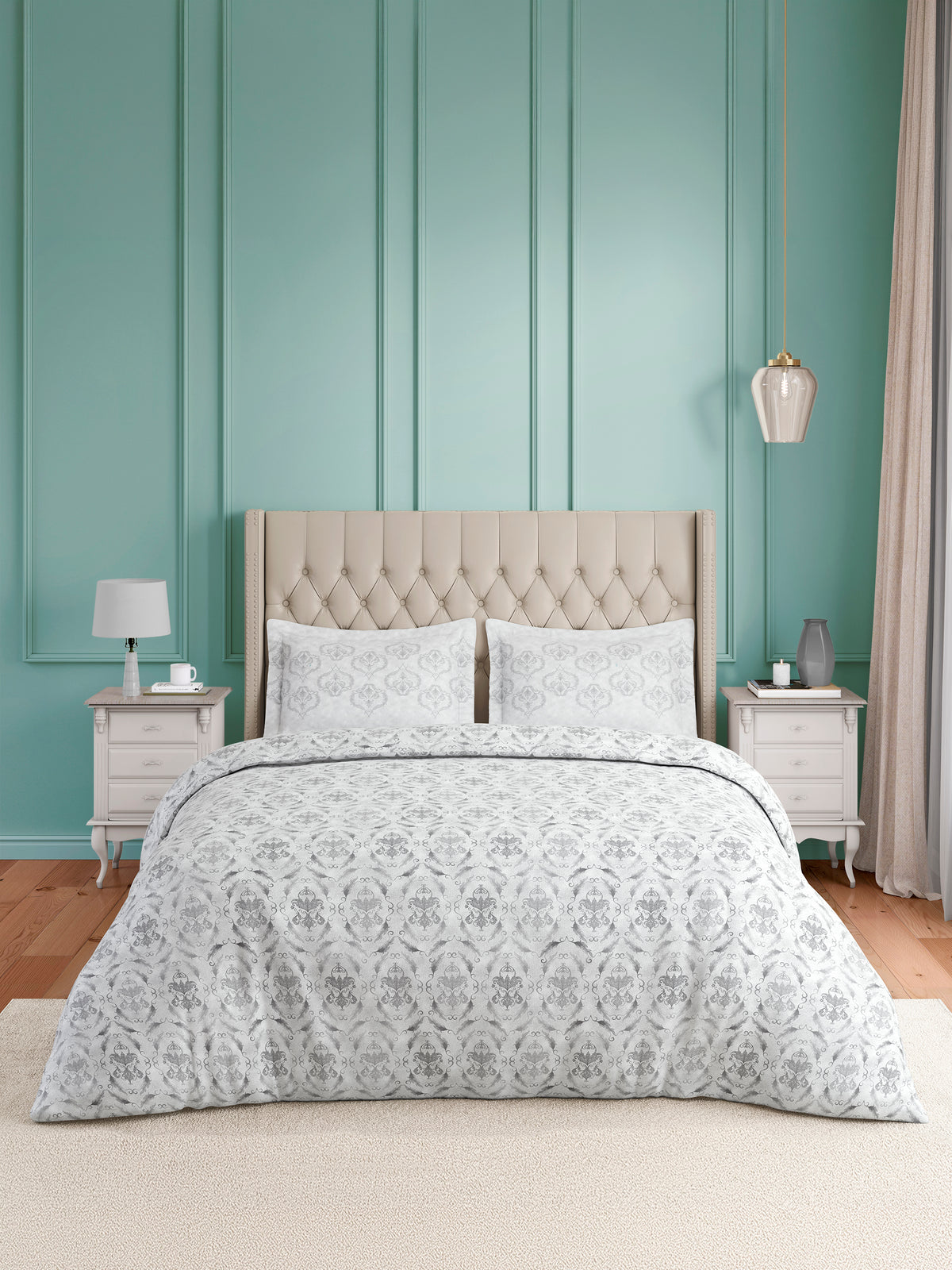 Luxe Loom 100% Cotton 600 TC King Bedsheet with 2 Pillow Covers | Grey Ethnic Print Bedsheet Set