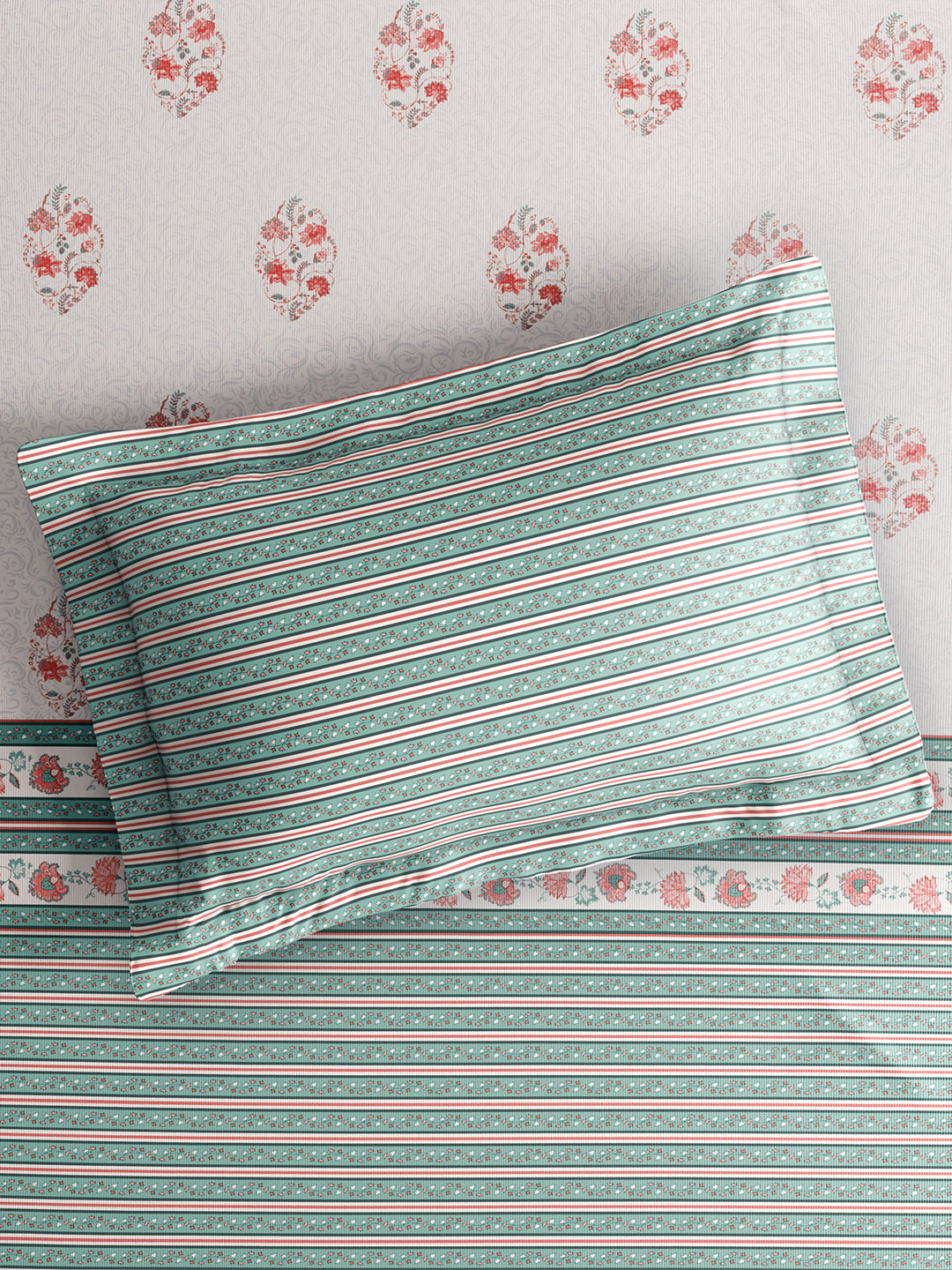 Royal Essence 100% Cotton King Bedsheet with 2 Pillow Covers | 400 TC Green Floral Digitally Printed Bedsheet Set
