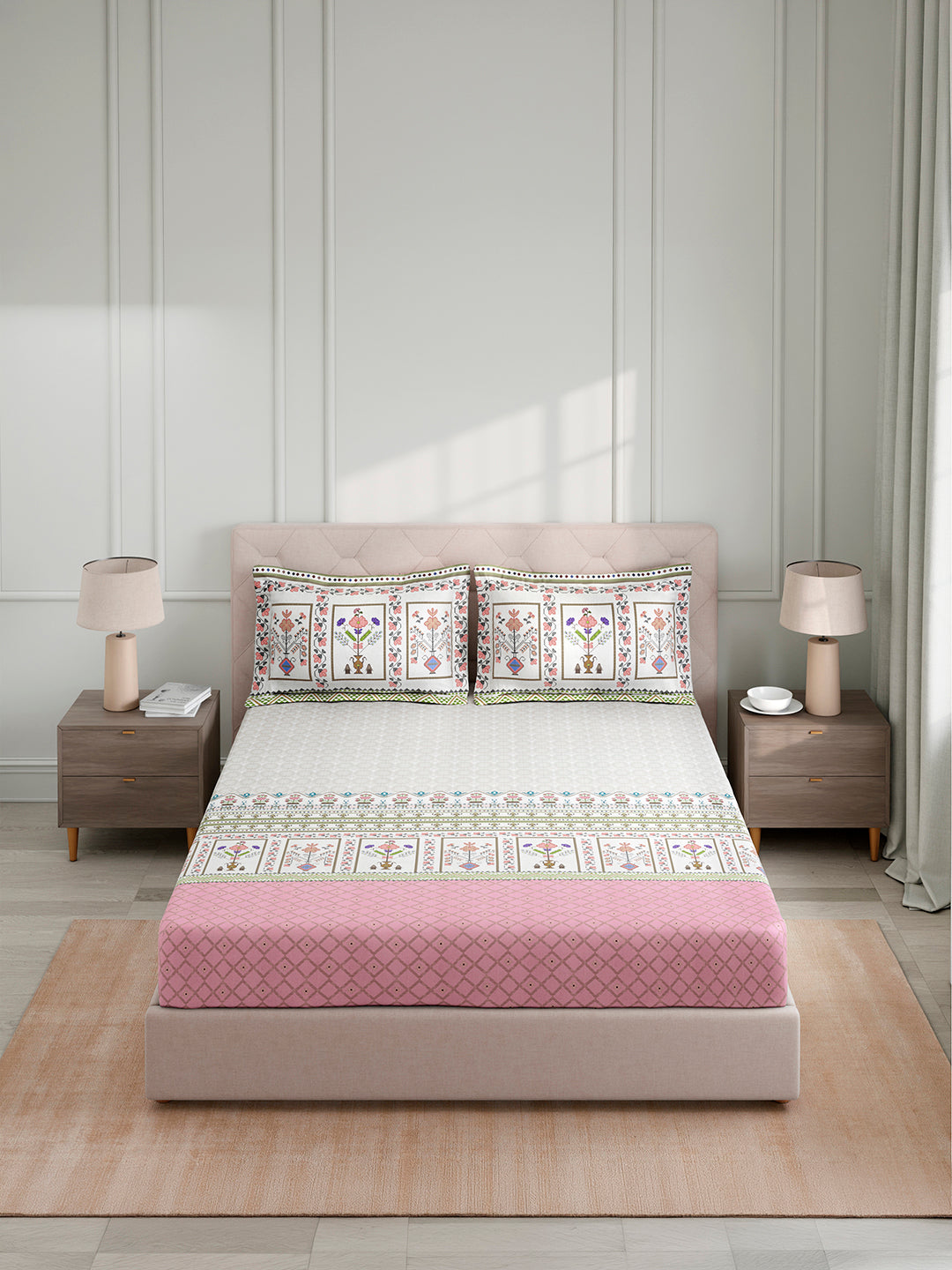 Royal Essence 100% Cotton King Bedsheet with 2 Pillow Covers | 400 TC Pink Floral Digitally Printed Bedsheet Set