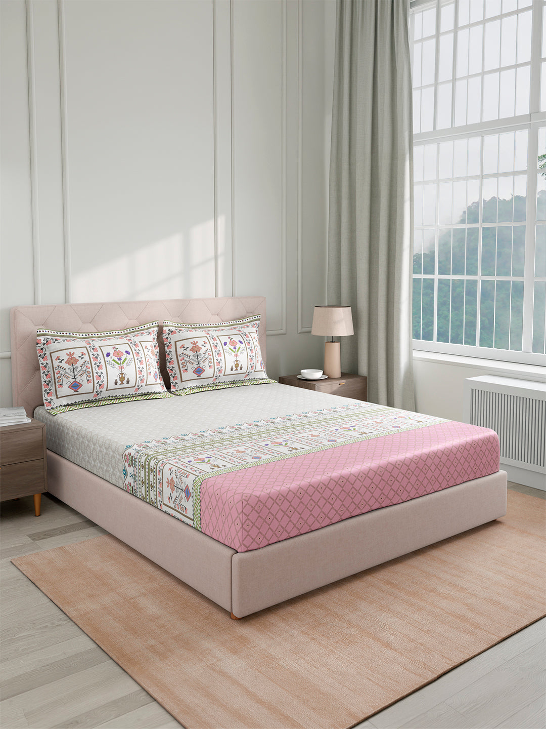 Royal Essence 100% Cotton King Bedsheet with 2 Pillow Covers | 400 TC Pink Floral Digitally Printed Bedsheet Set