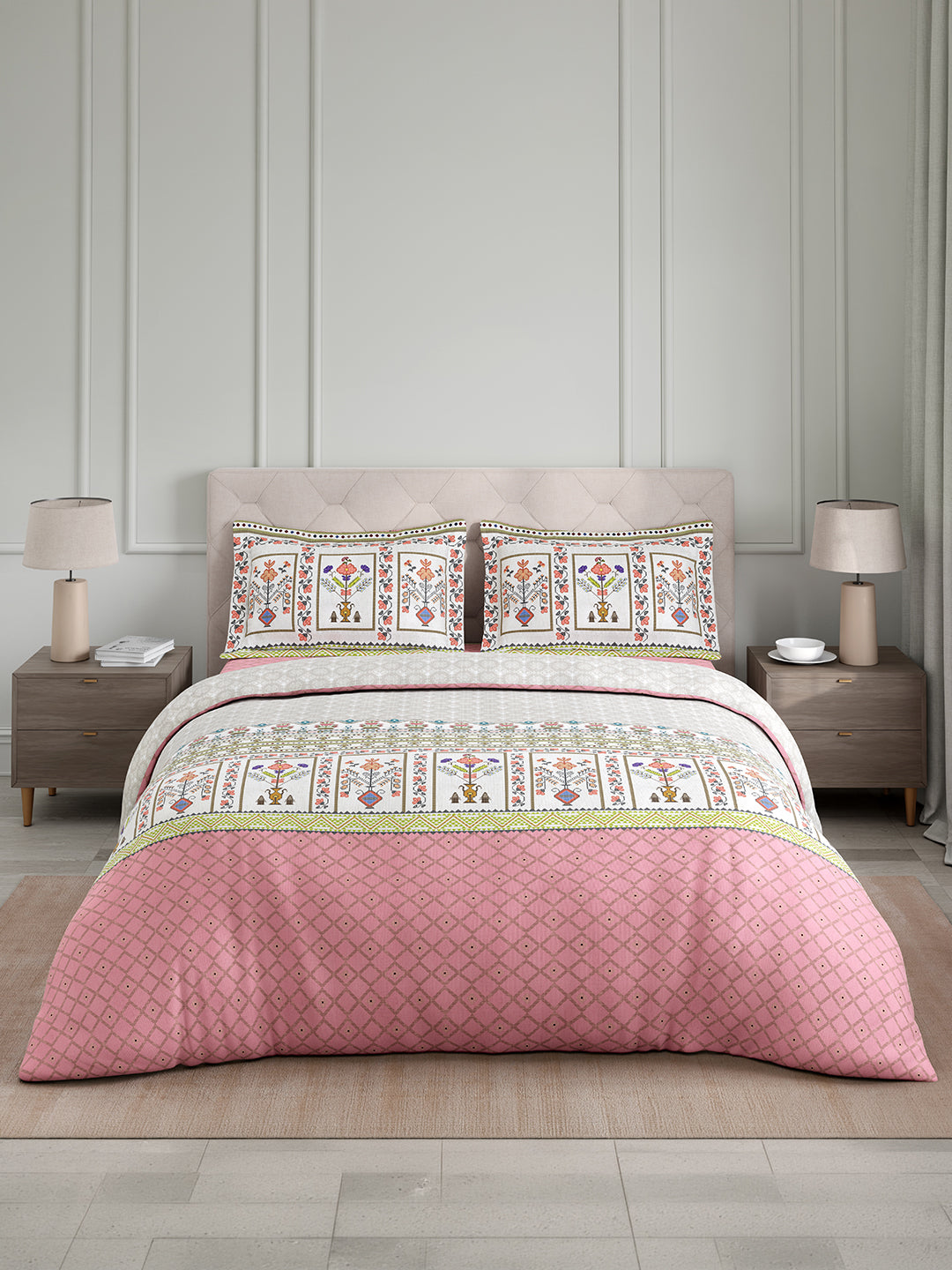 Royal Essence 100% Cotton King Bedsheet with 2 Pillow Covers | 400 TC Pink Floral Digitally Printed Bedsheet Set