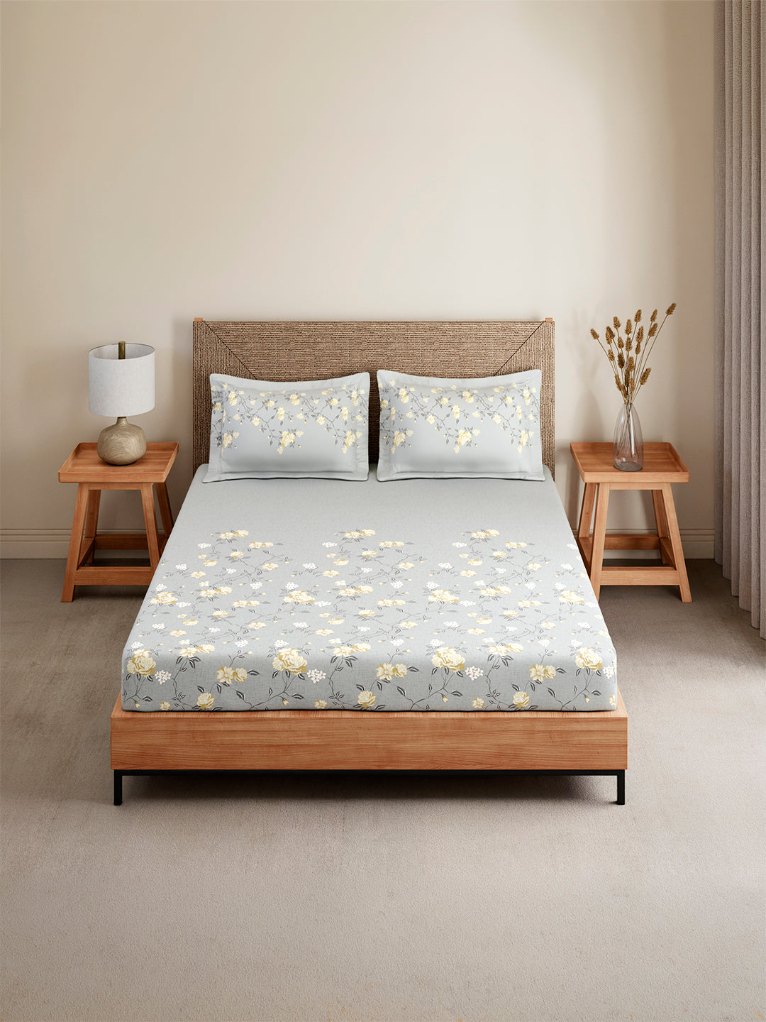 Monarch Grand 100% Cotton King Bedsheet with 2 Pillow Covers | Grey Floral Bedsheet Set