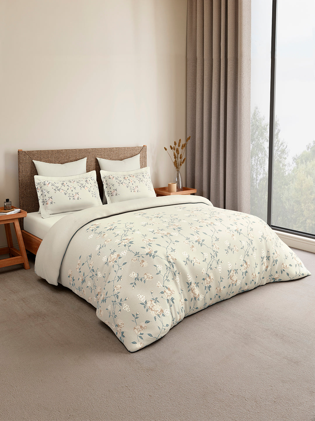 Monarch Grand 100% Cotton King Bedsheet with 2 Pillow Covers | Grey Floral Bedsheet Set