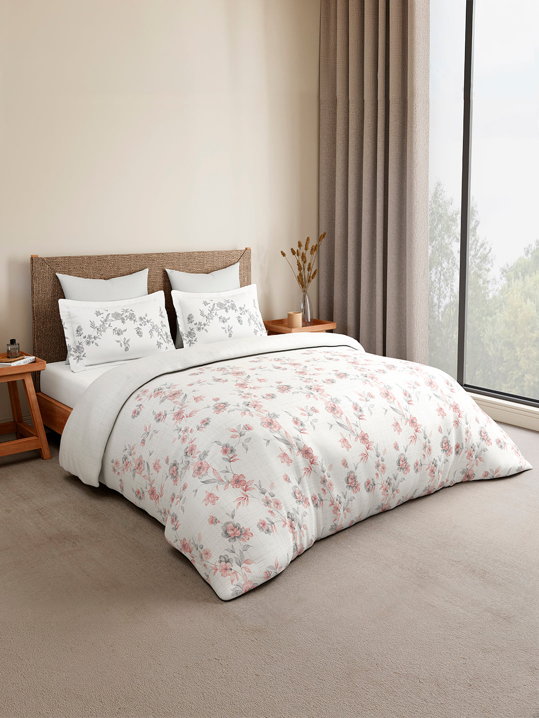 Monarch Grand 100% Cotton King Bedsheet with 2 Pillow Covers | White Floral Bedsheet Set