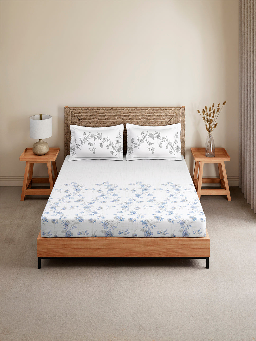 Monarch Grand 100% Cotton King Bedsheet with 2 Pillow Covers | Blue Floral Bedsheet Set