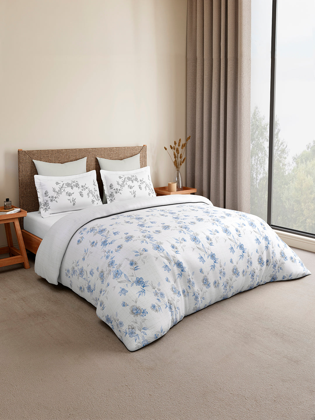 Monarch Grand 100% Cotton King Bedsheet with 2 Pillow Covers | Blue Floral Bedsheet Set