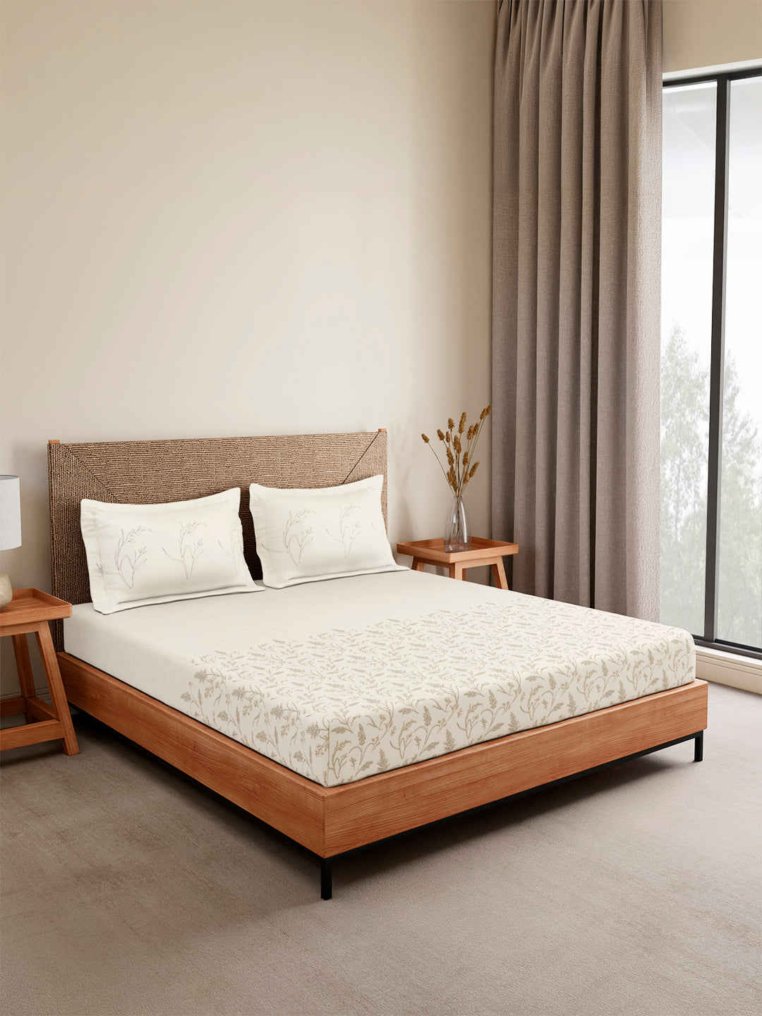 Monarch Grand 100% Cotton King Bedsheet with 2 Pillow Covers | Cream Floral Bedsheet Set
