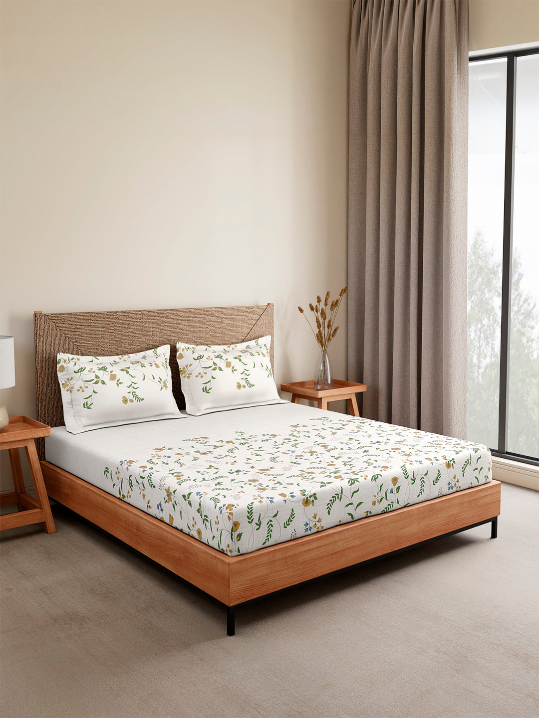 Monarch Grand 100% Cotton King Bedsheet with 2 Pillow Covers | Green & Yellow Floral Bedsheet Set