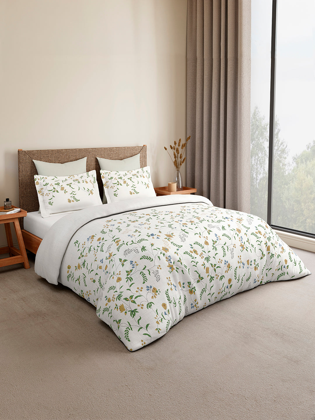 Monarch Grand 100% Cotton King Bedsheet with 2 Pillow Covers | Green & Yellow Floral Bedsheet Set