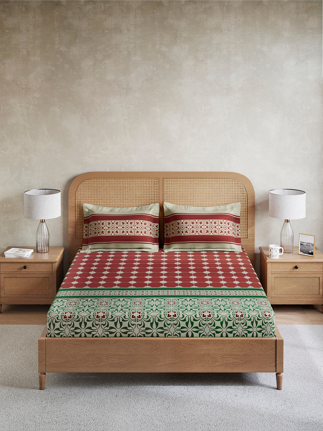 Embrace 100% Cotton King Bedsheet with 2 Pillow Covers | Red & Green Ethnic Print Bedsheet Set