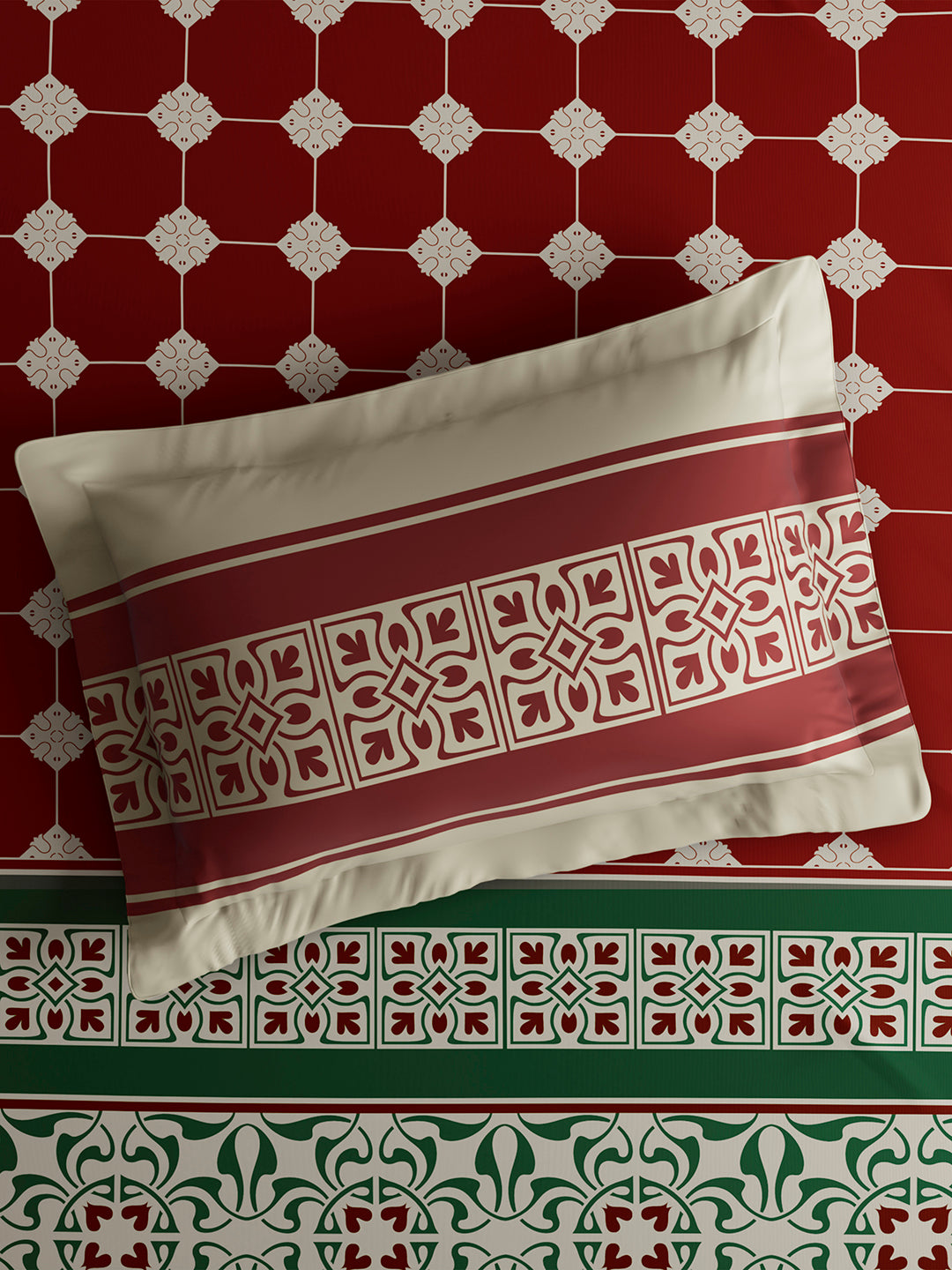 Embrace 100% Cotton King Bedsheet with 2 Pillow Covers | Red & Green Ethnic Print Bedsheet Set