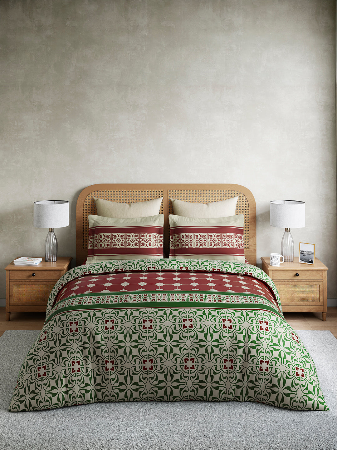 Embrace 100% Cotton King Bedsheet with 2 Pillow Covers | Red & Green Ethnic Print Bedsheet Set