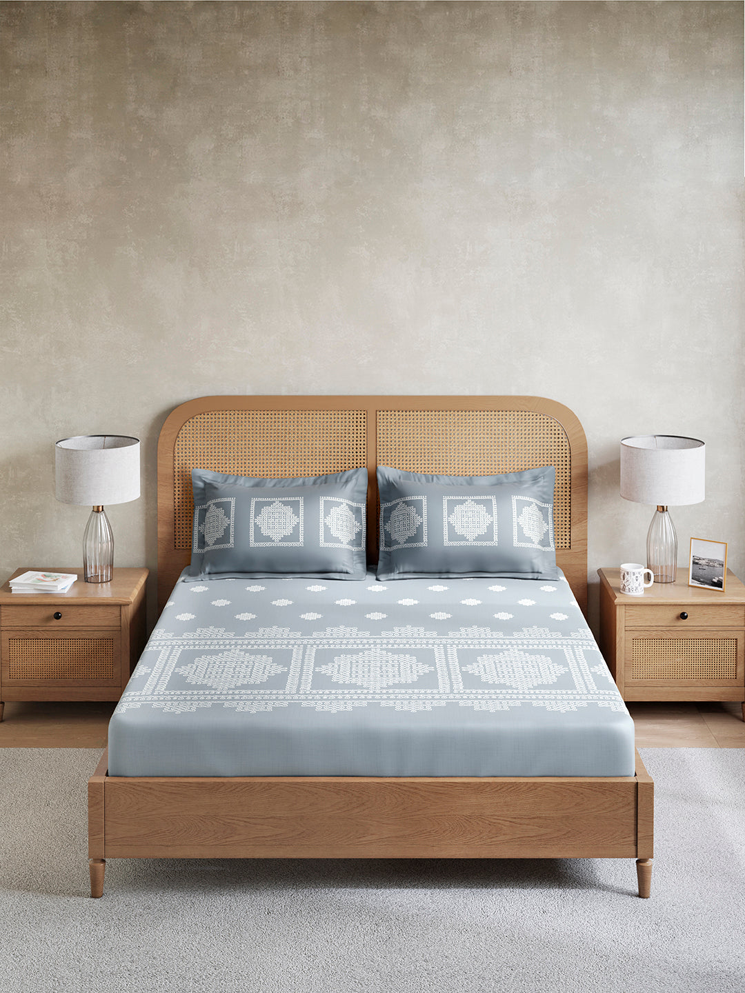 Embrace 100% Cotton King Bedsheet with 2 Pillow Covers | Grey Ethnic Print Bedsheet Set