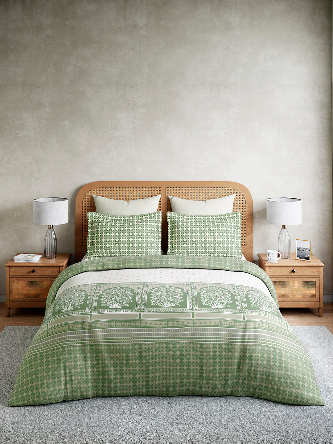 Embrace 100% Cotton King Bedsheet with 2 Pillow Covers | Green Ethnic Print Bedsheet Set