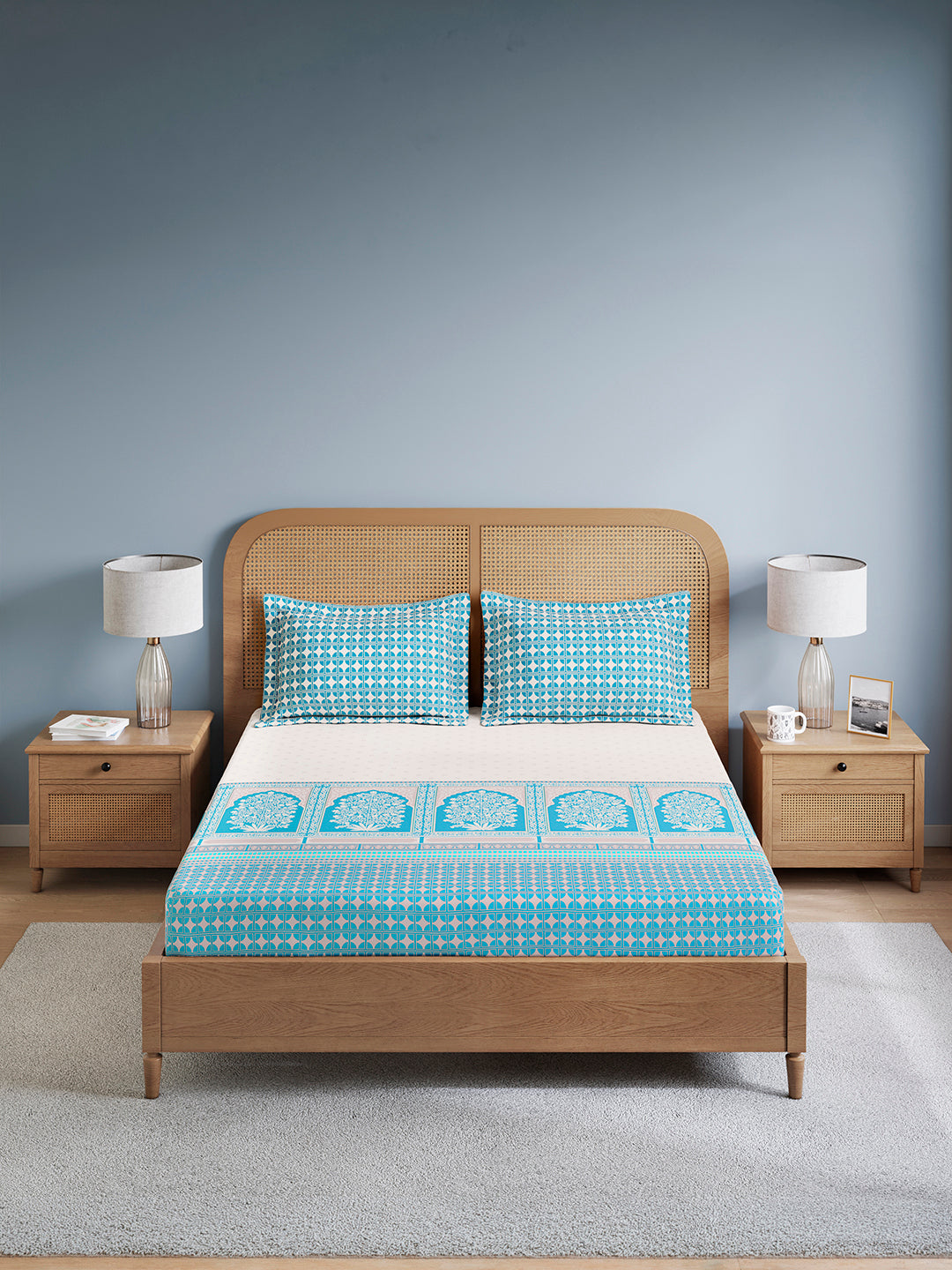 Embrace 100% Cotton King Bedsheet with 2 Pillow Covers | Blue Ethnic Print Bedsheet Set