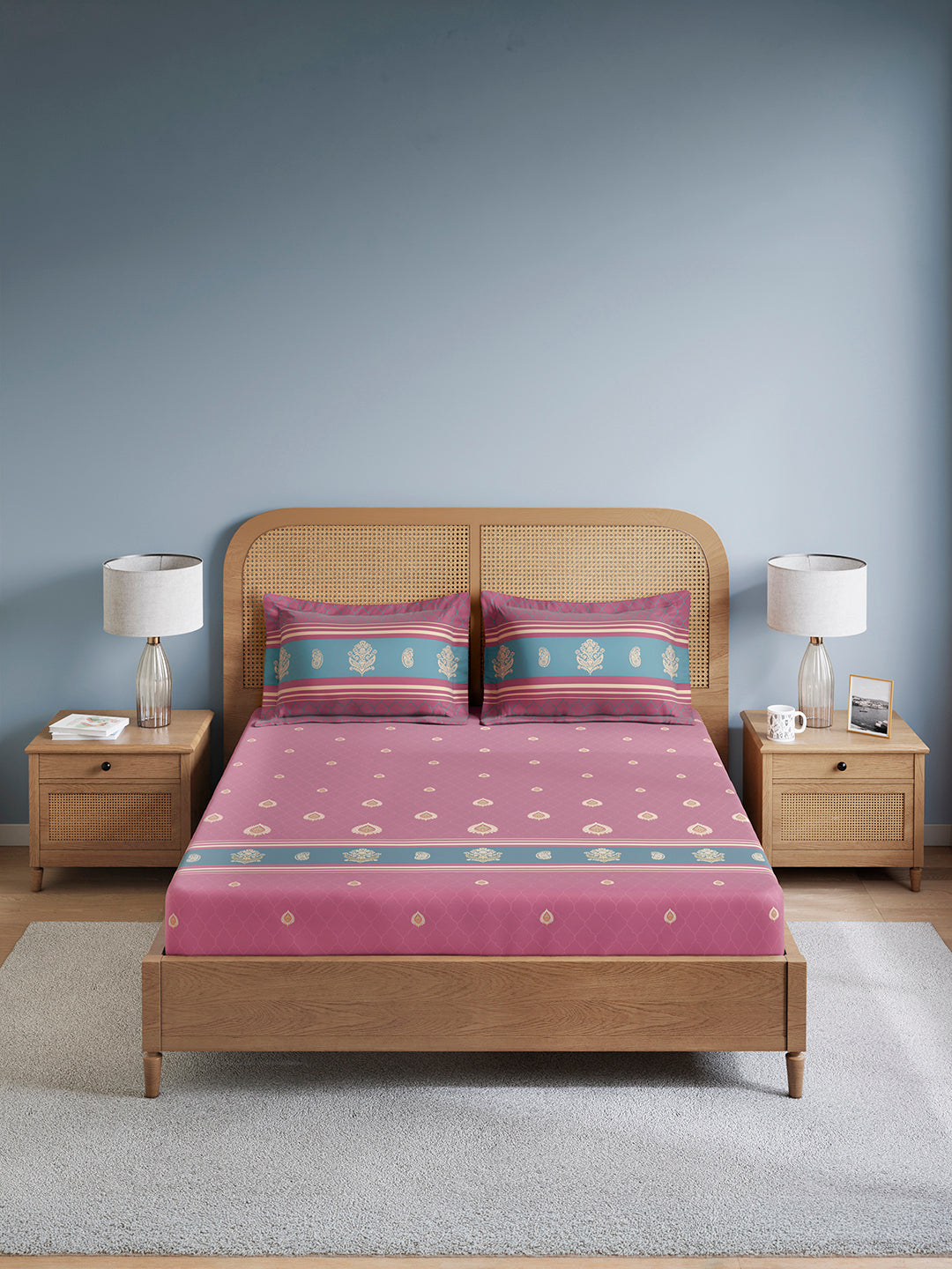 Embrace 100% Cotton King Bedsheet with 2 Pillow Covers | Pink & Blue Ethnic Print Bedsheet Set
