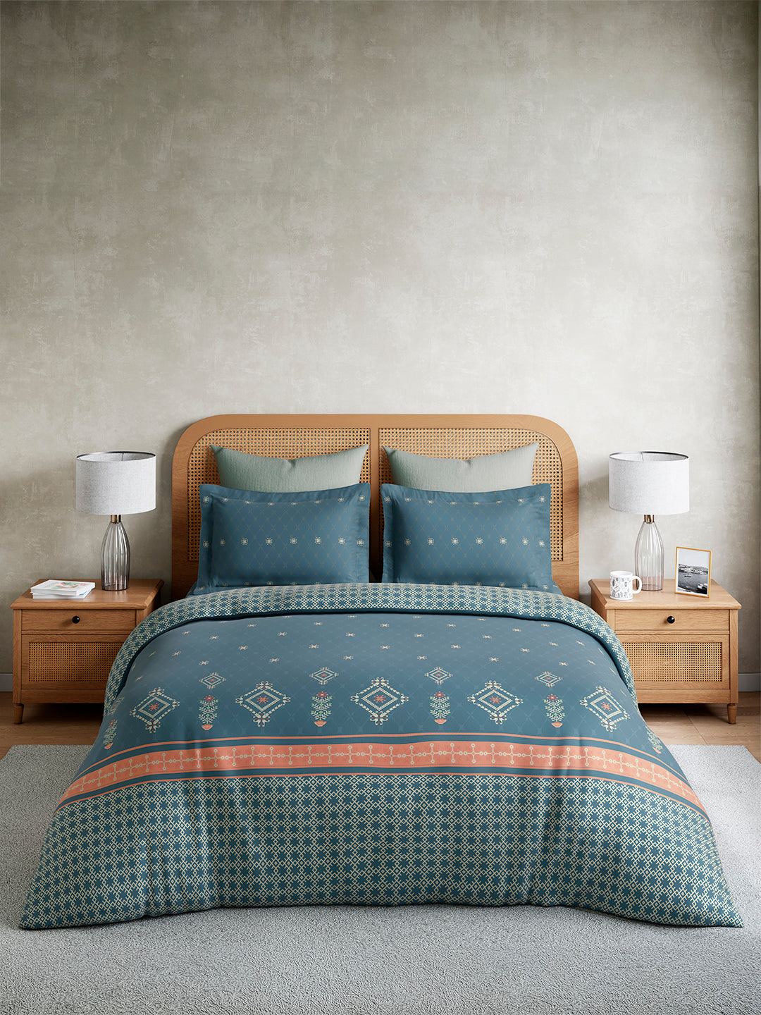 Embrace 100% Cotton King Bedsheet with 2 Pillow Covers | Blue Ethnic Print Bedsheet Set