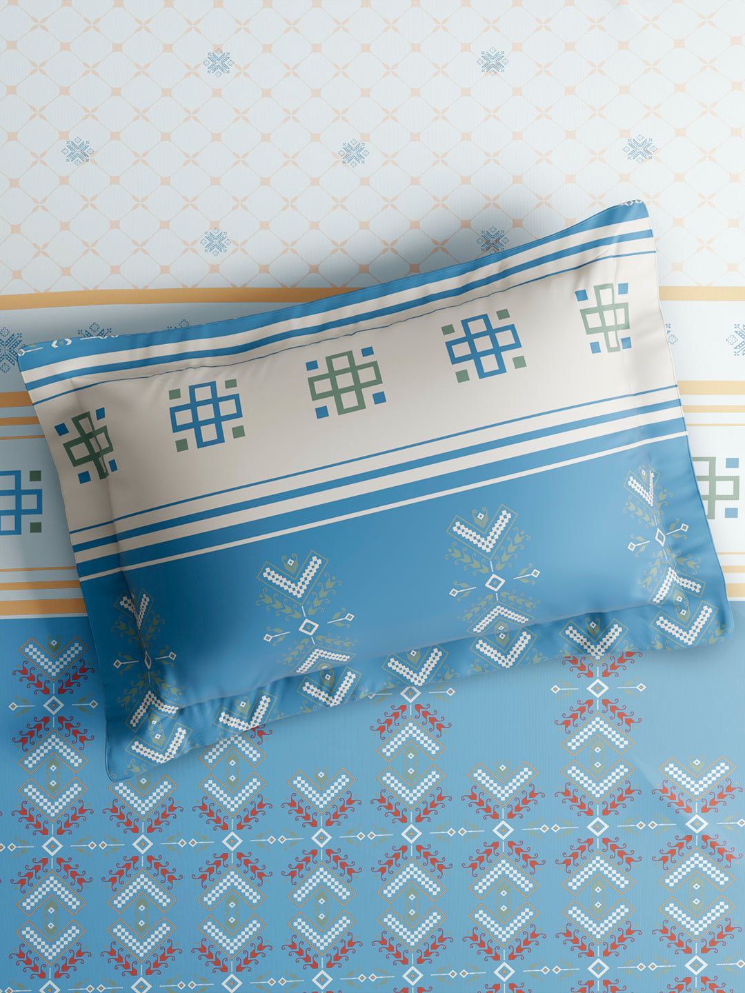 Embrace 100% Cotton King Bedsheet with 2 Pillow Covers | Blue Ethnic Print Bedsheet Set