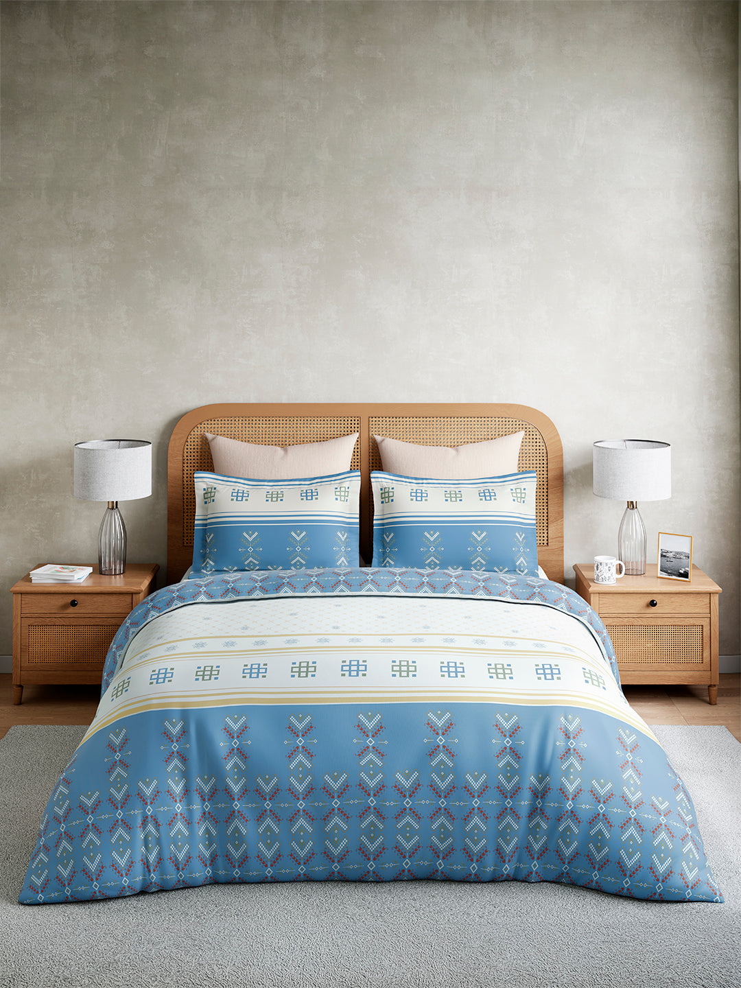 Embrace 100% Cotton King Bedsheet with 2 Pillow Covers | Blue Ethnic Print Bedsheet Set