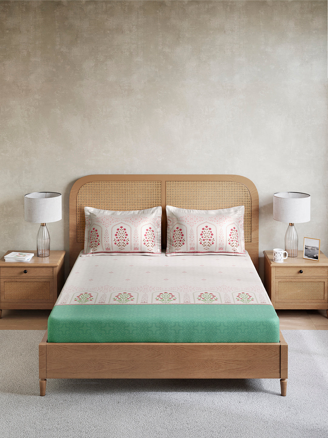 Embrace 100% Cotton King Bedsheet with 2 Pillow Covers | Green Floral Bedsheet Set