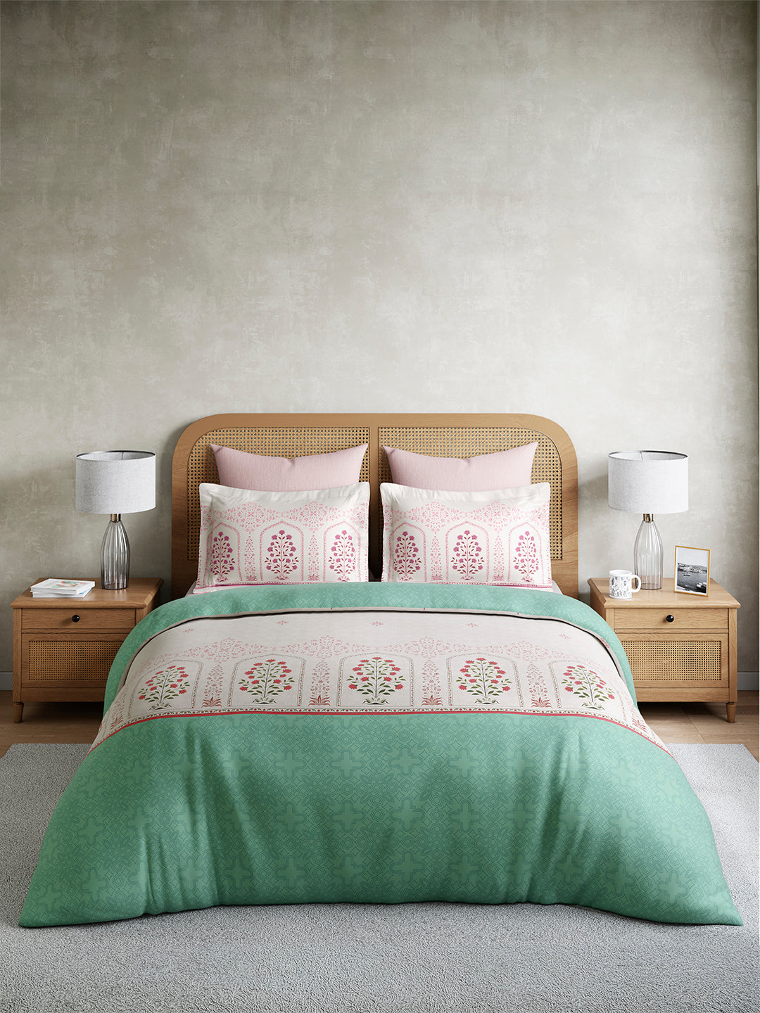 Embrace 100% Cotton King Bedsheet with 2 Pillow Covers | Green Floral Bedsheet Set