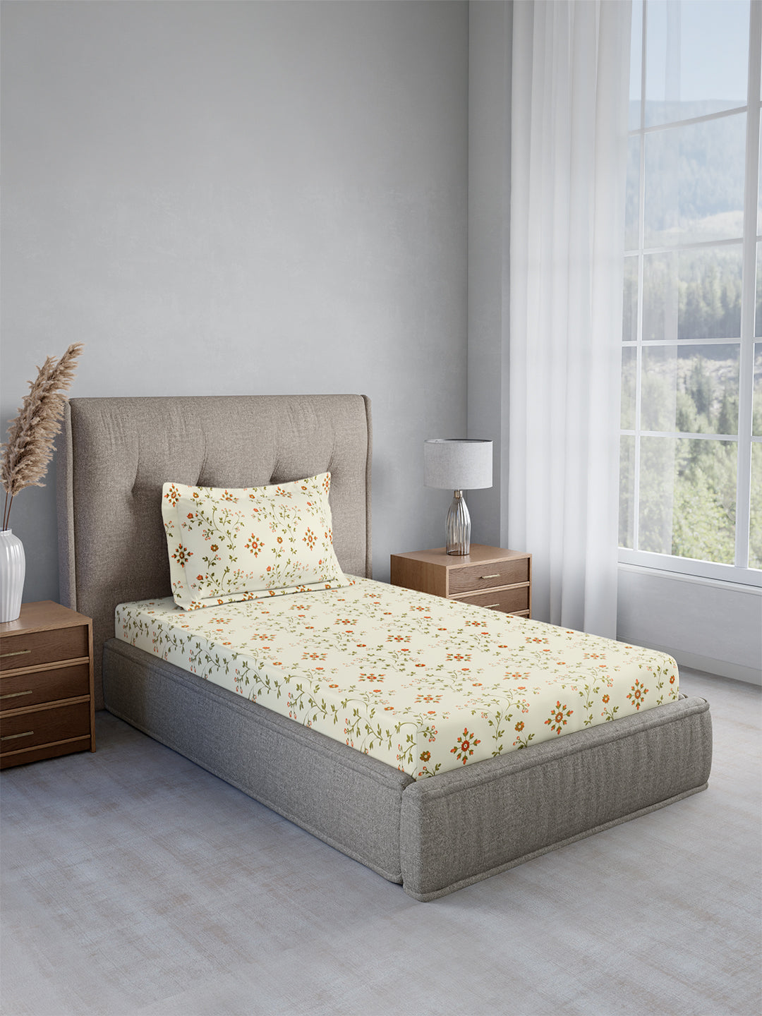 Cottage Garden 100% Cotton Single Bedsheet with 1 Pillow Cover | 300 TC Yellow Floral Bedsheet Set