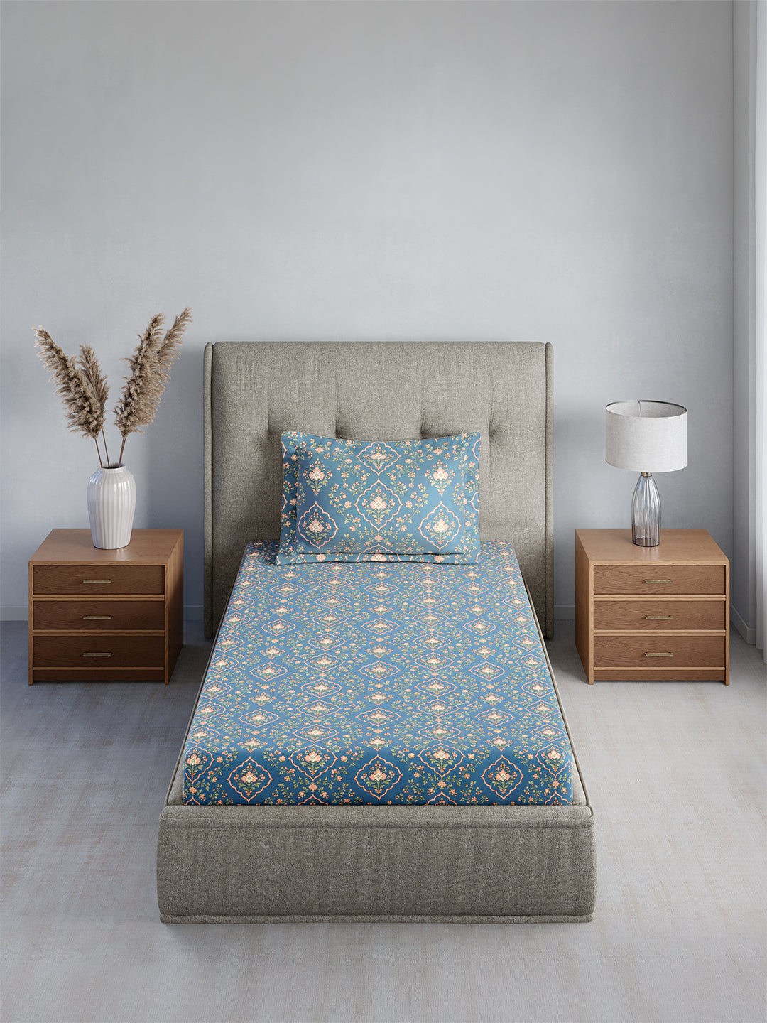 Cottage Garden 100% Cotton Single Bedsheet with 1 Pillow Cover | 300 TC Blue Floral Bedsheet Set