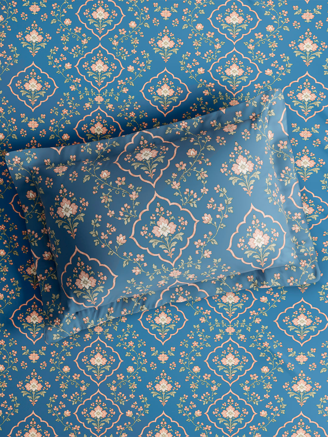 Cottage Garden 100% Cotton Single Bedsheet with 1 Pillow Cover | 300 TC Blue Floral Bedsheet Set