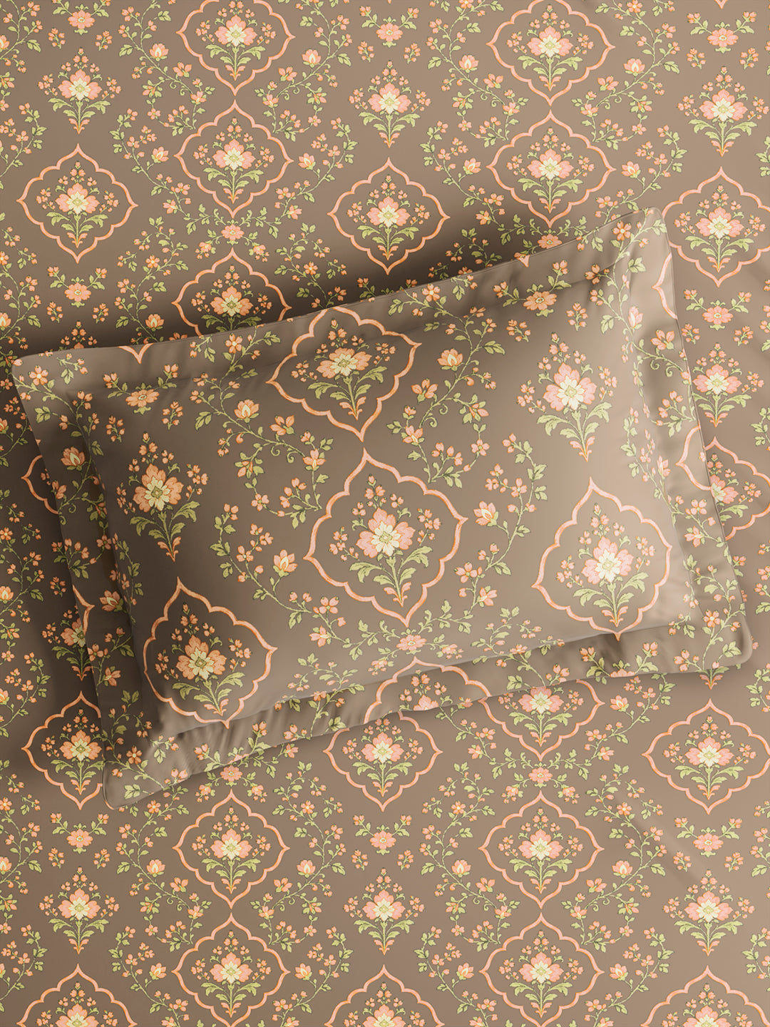 Cottage Garden 100% Cotton Single Bedsheet with 1 Pillow Cover | 300 TC Brown Floral Bedsheet Set