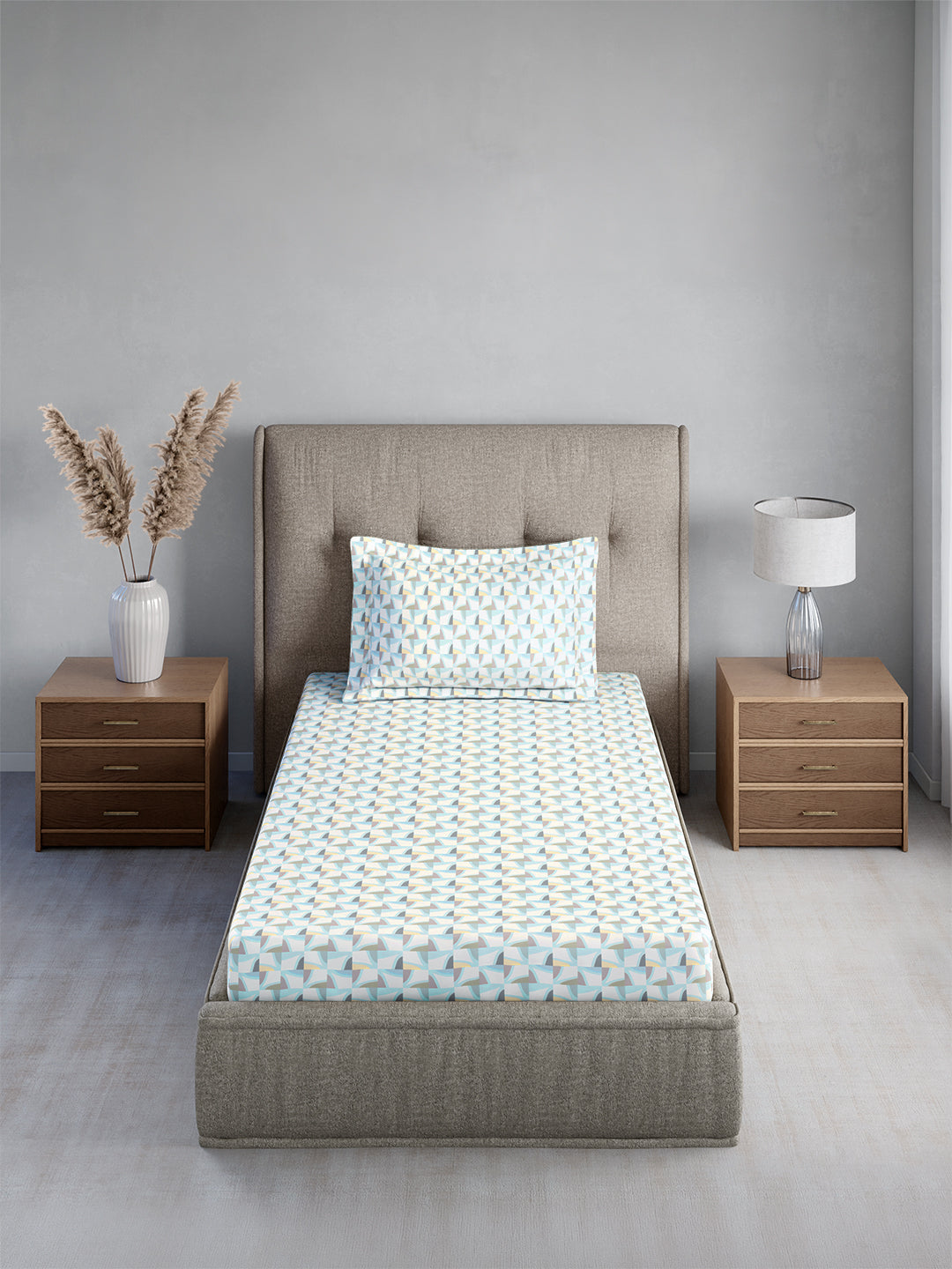 Cottage Garden 100% Cotton Single Bedsheet with 1 Pillow Cover | 300 TC Blue Geometrical Bedsheet Set