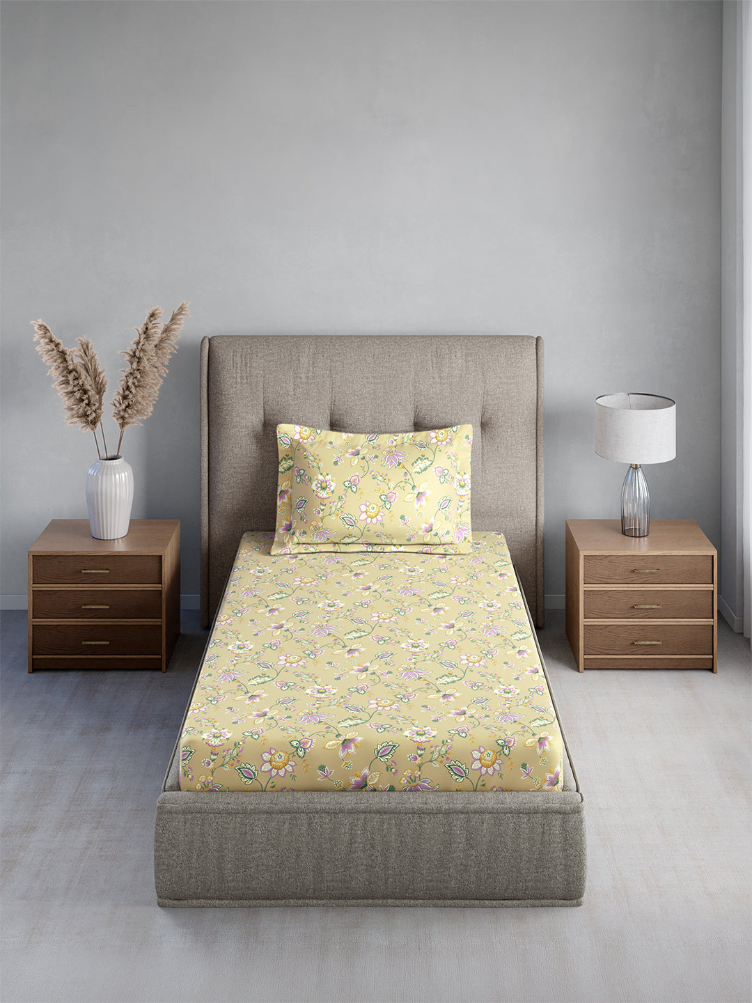 Cottage Garden 100% Cotton Single Bedsheet with 1 Pillow Cover | 300 TC Beige Floral Bedsheet Set