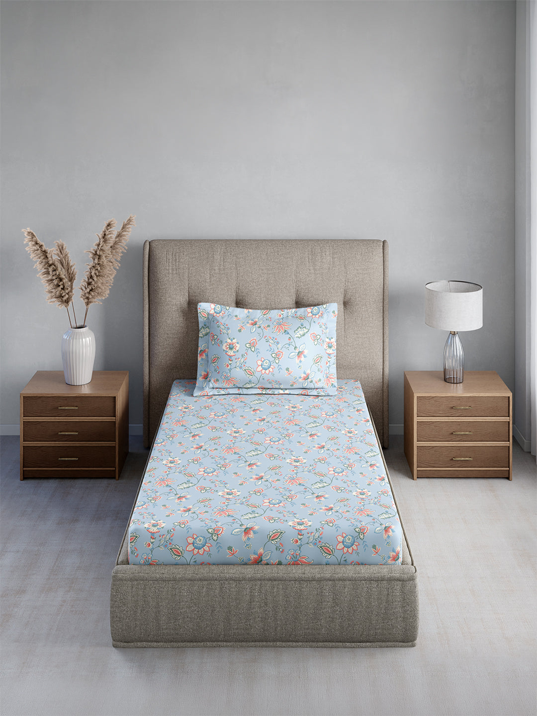 Cottage Garden 100% Cotton Single Bedsheet with 1 Pillow Cover | 300 TC Blue Floral Bedsheet Set